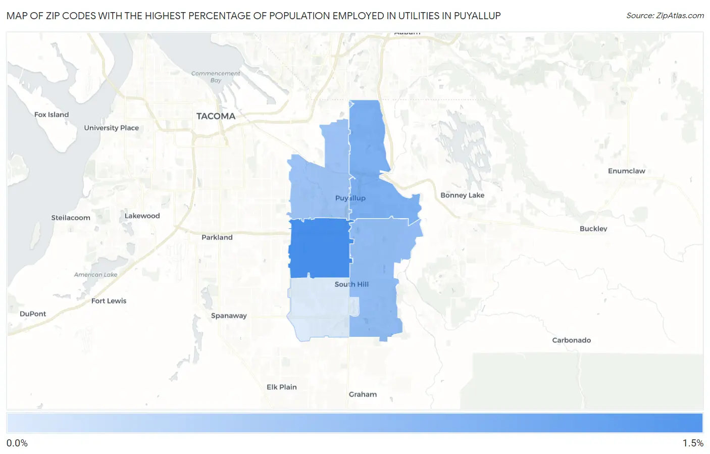 Zip Codes with the Highest Percentage of Population Employed in Utilities in Puyallup Map