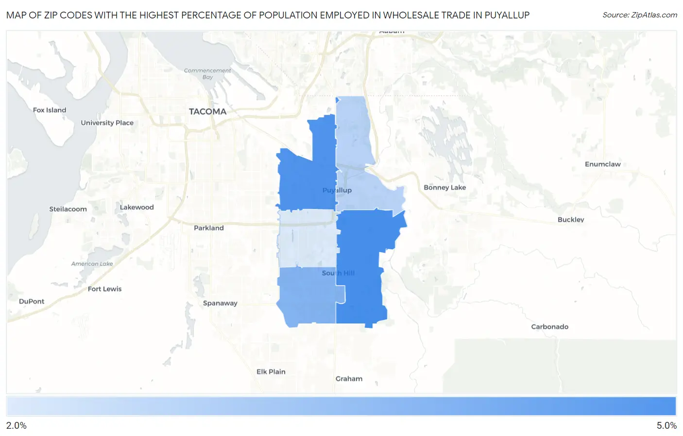 Zip Codes with the Highest Percentage of Population Employed in Wholesale Trade in Puyallup Map