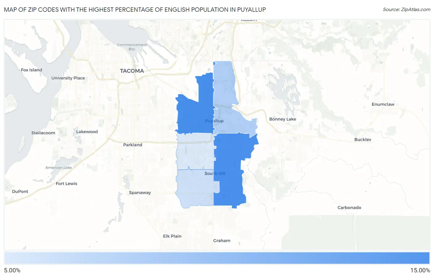 Zip Codes with the Highest Percentage of English Population in Puyallup Map