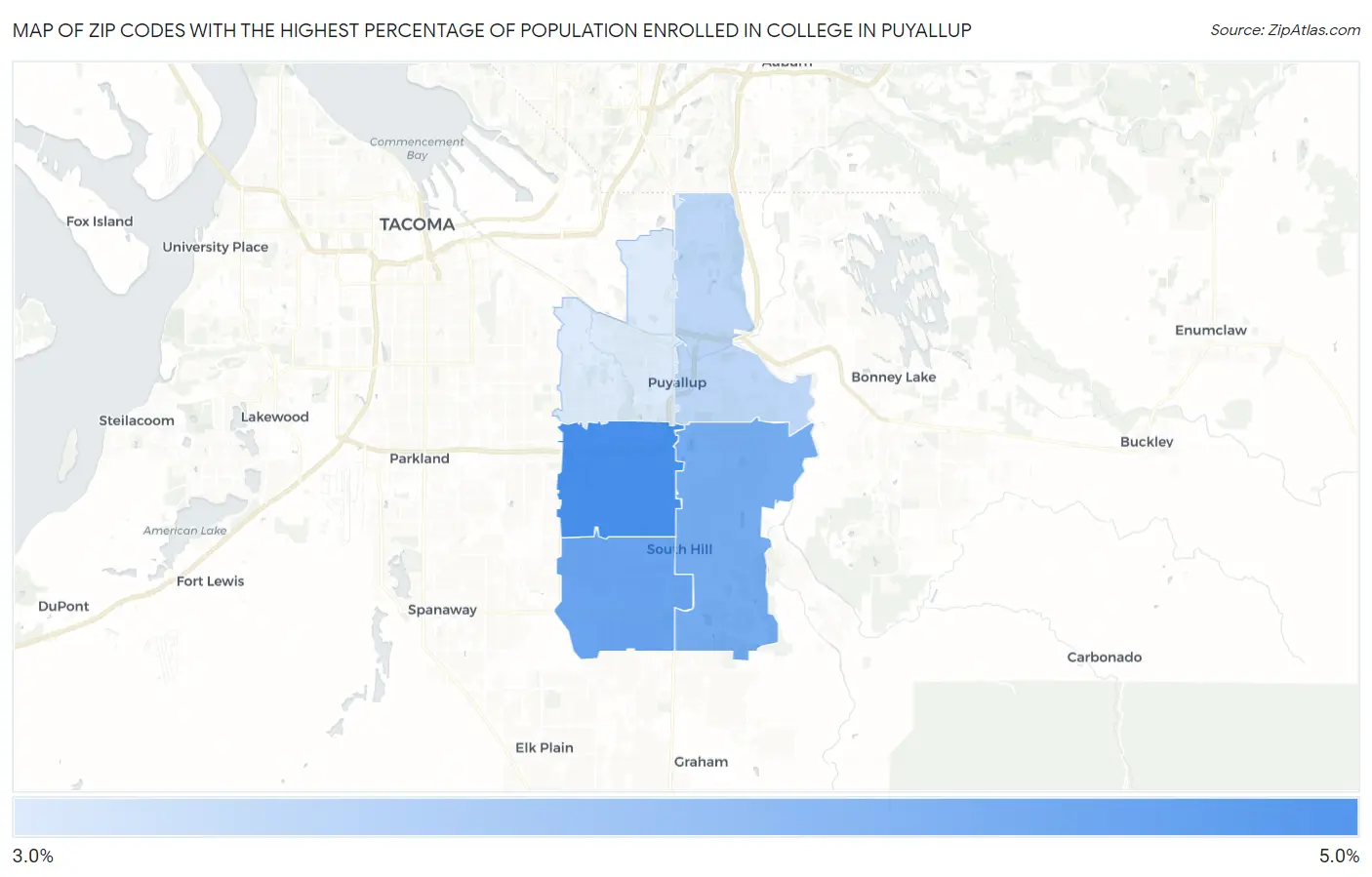 Zip Codes with the Highest Percentage of Population Enrolled in College in Puyallup Map