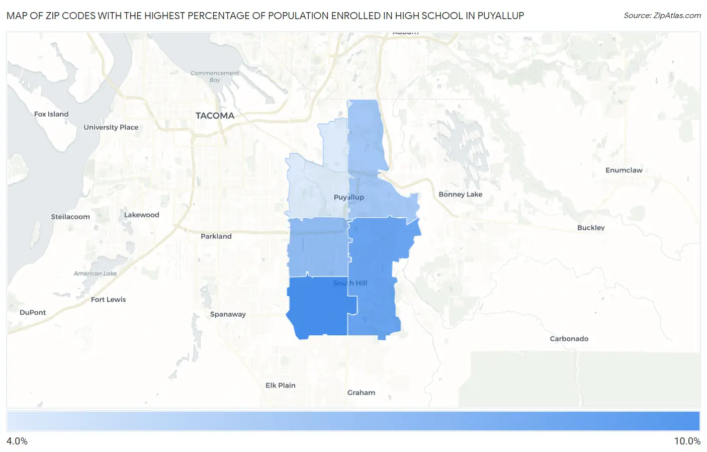 Zip Codes with the Highest Percentage of Population Enrolled in High School in Puyallup Map