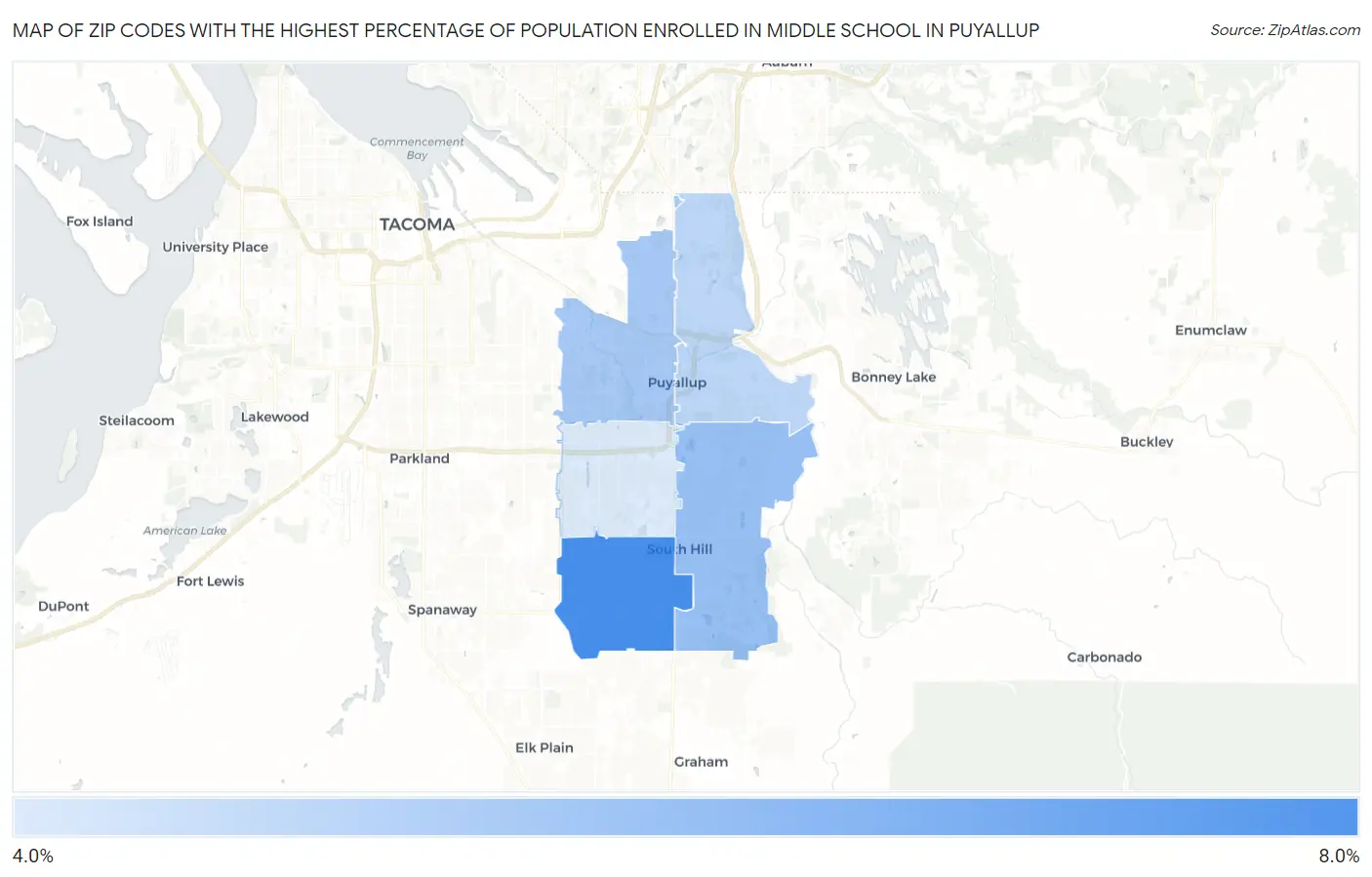 Zip Codes with the Highest Percentage of Population Enrolled in Middle School in Puyallup Map