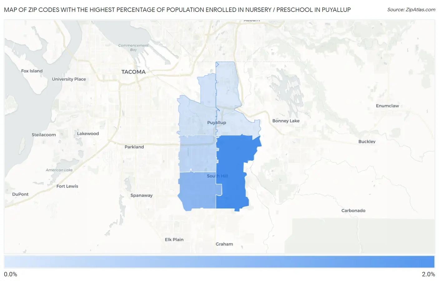 Zip Codes with the Highest Percentage of Population Enrolled in Nursery / Preschool in Puyallup Map