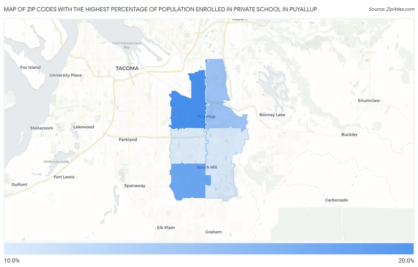 Zip Codes with the Highest Percentage of Population Enrolled in Private School in Puyallup Map