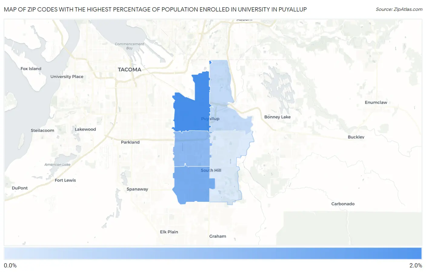 Zip Codes with the Highest Percentage of Population Enrolled in University in Puyallup Map