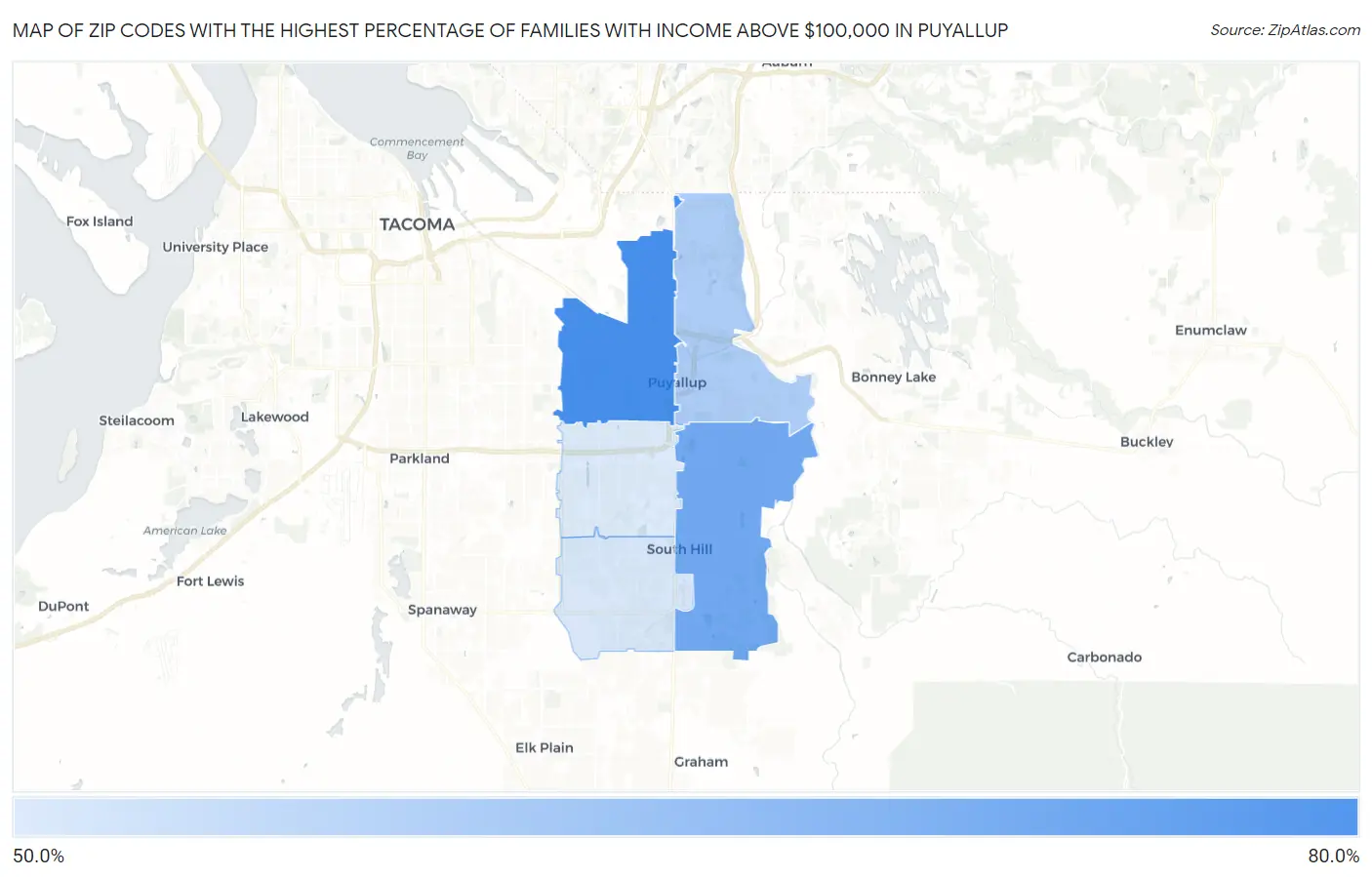 Zip Codes with the Highest Percentage of Families with Income Above $100,000 in Puyallup Map