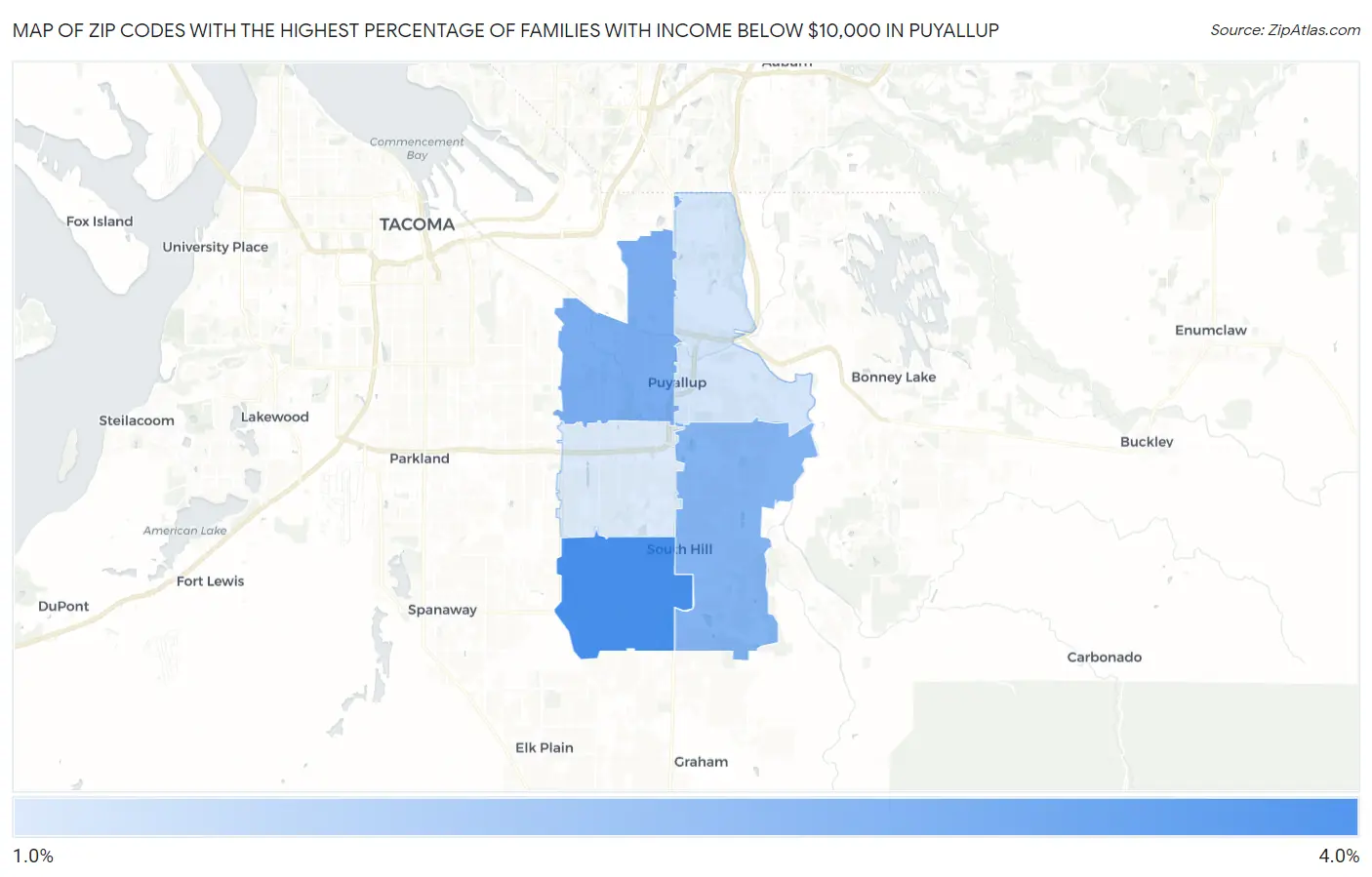 Zip Codes with the Highest Percentage of Families with Income Below $10,000 in Puyallup Map