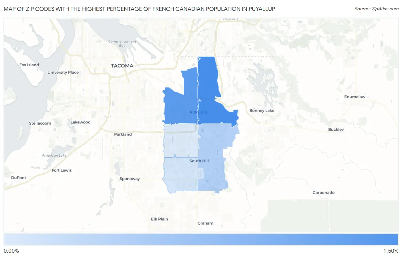Zip Codes with the Highest Percentage of French Canadian Population in Puyallup Map