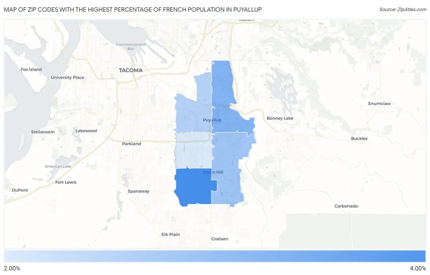 Zip Codes with the Highest Percentage of French Population in Puyallup Map