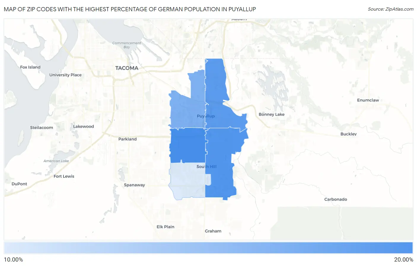 Zip Codes with the Highest Percentage of German Population in Puyallup Map