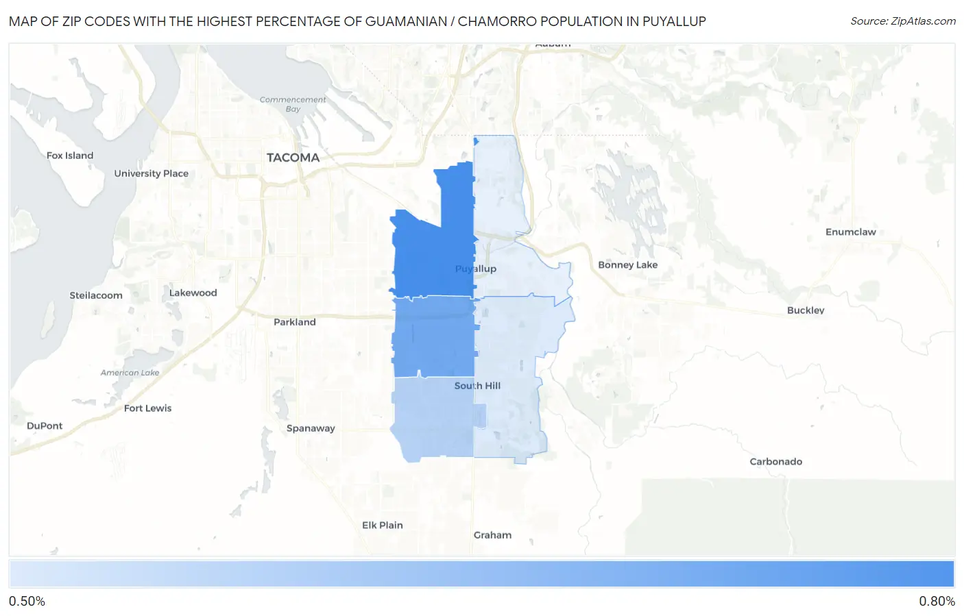 Zip Codes with the Highest Percentage of Guamanian / Chamorro Population in Puyallup Map