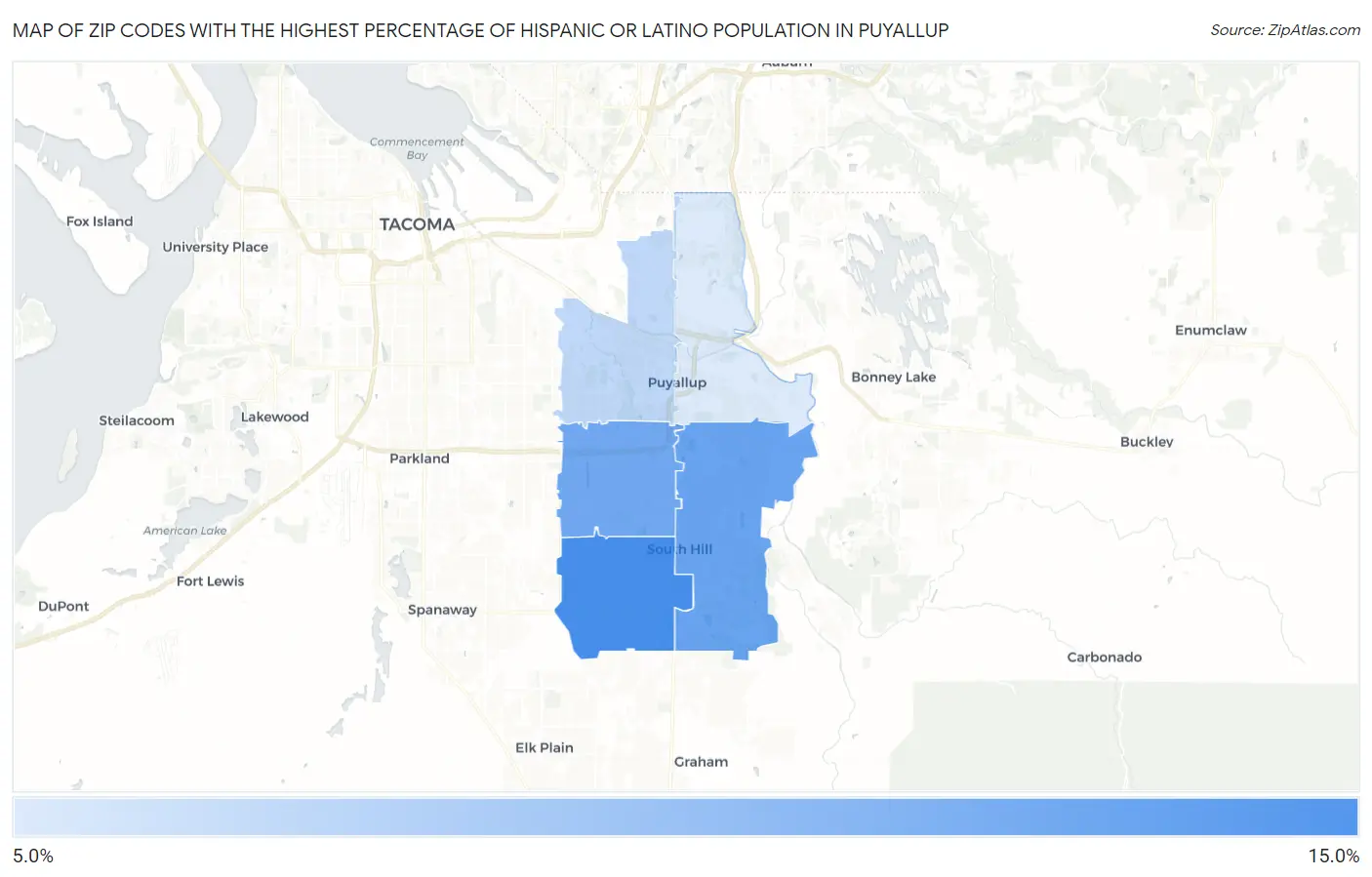Zip Codes with the Highest Percentage of Hispanic or Latino Population in Puyallup Map