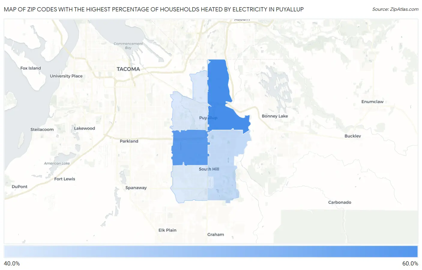 Zip Codes with the Highest Percentage of Households Heated by Electricity in Puyallup Map