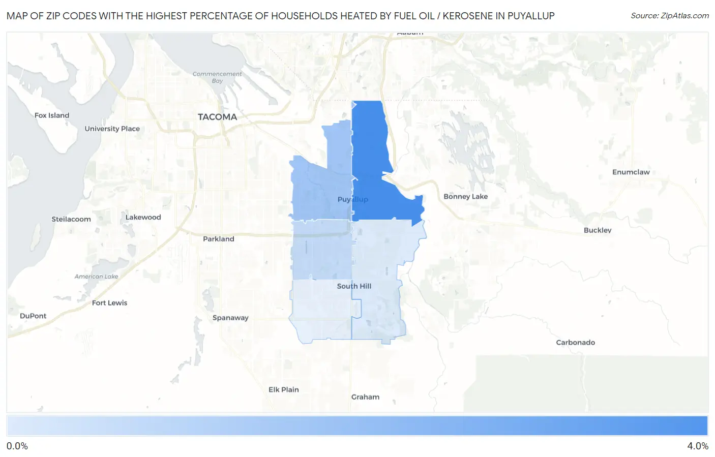 Zip Codes with the Highest Percentage of Households Heated by Fuel Oil / Kerosene in Puyallup Map