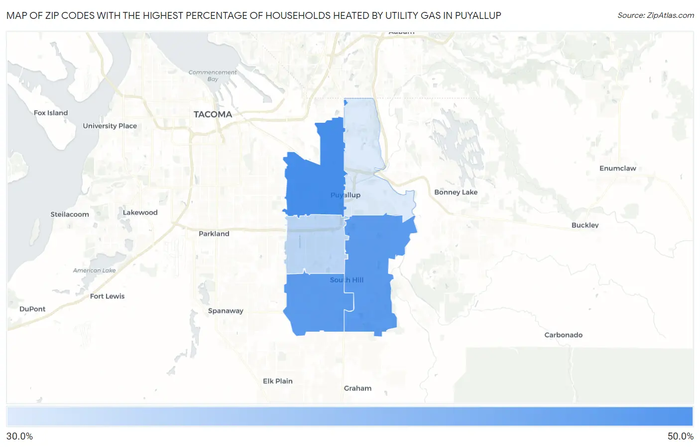 Zip Codes with the Highest Percentage of Households Heated by Utility Gas in Puyallup Map
