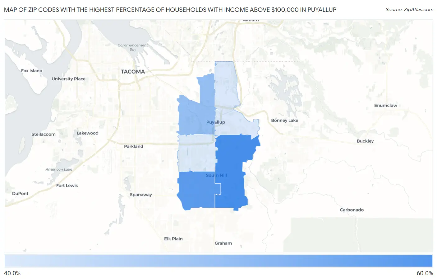 Zip Codes with the Highest Percentage of Households with Income Above $100,000 in Puyallup Map