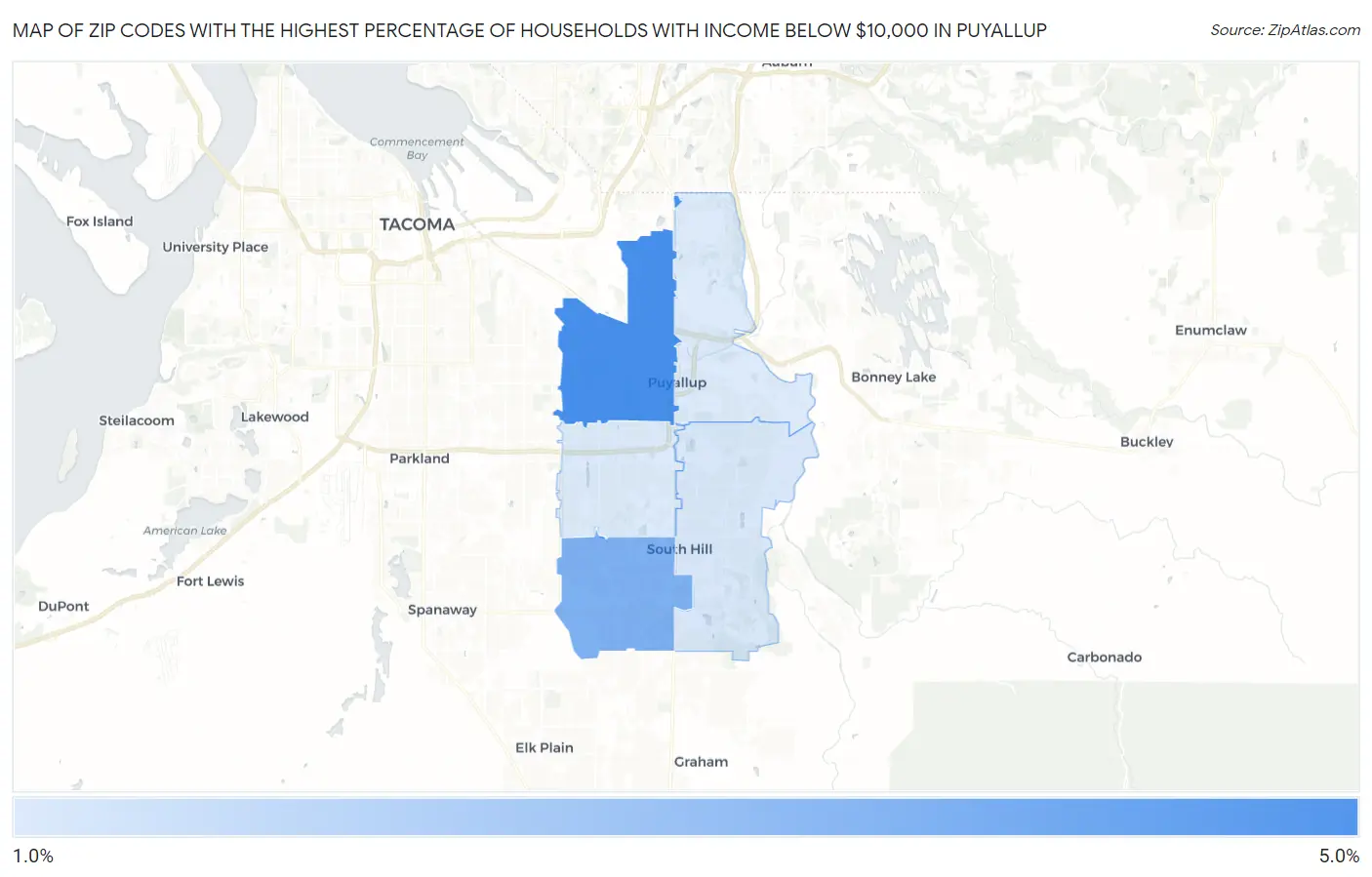 Zip Codes with the Highest Percentage of Households with Income Below $10,000 in Puyallup Map