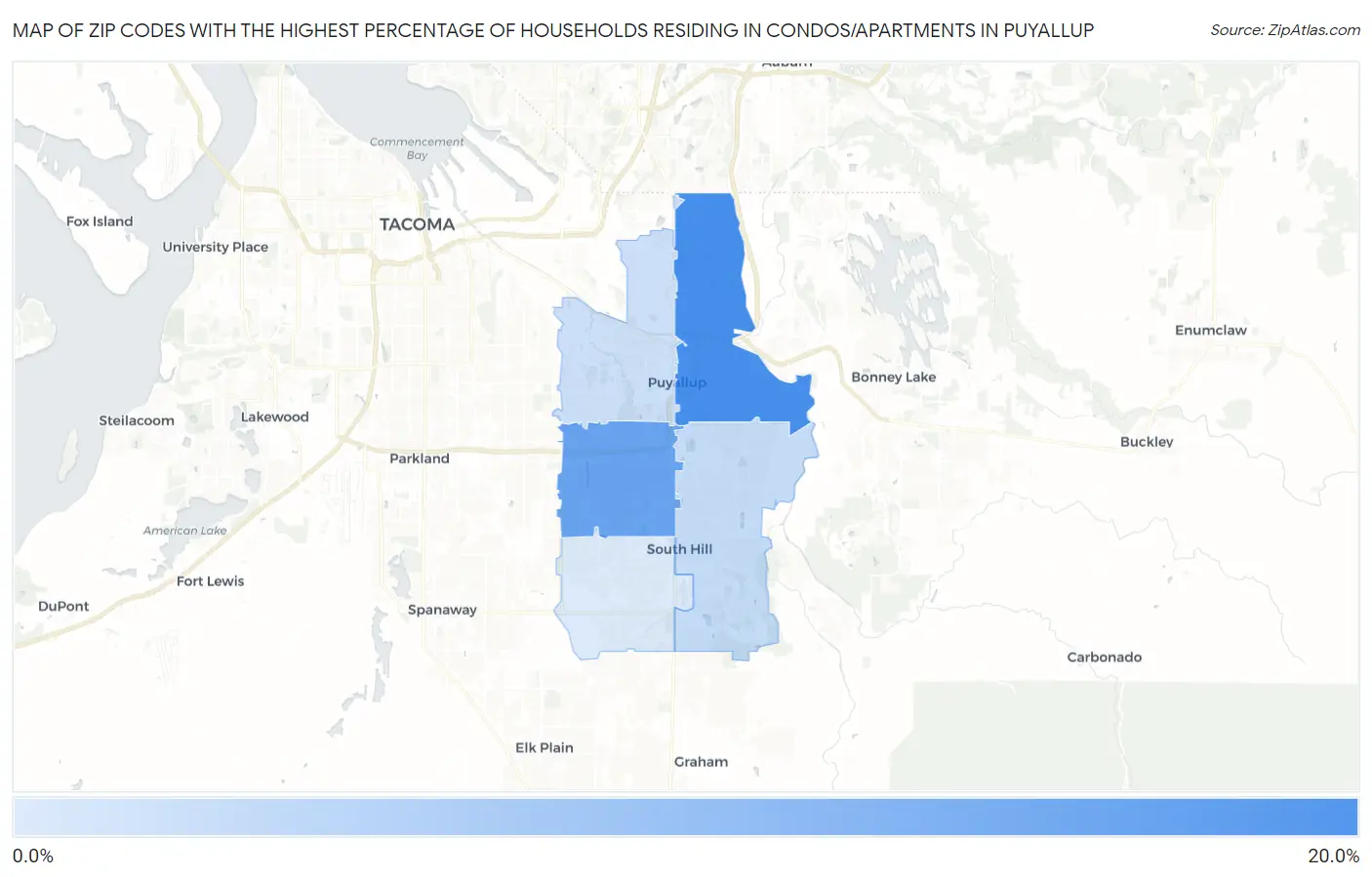 Zip Codes with the Highest Percentage of Households Residing in Condos/Apartments in Puyallup Map