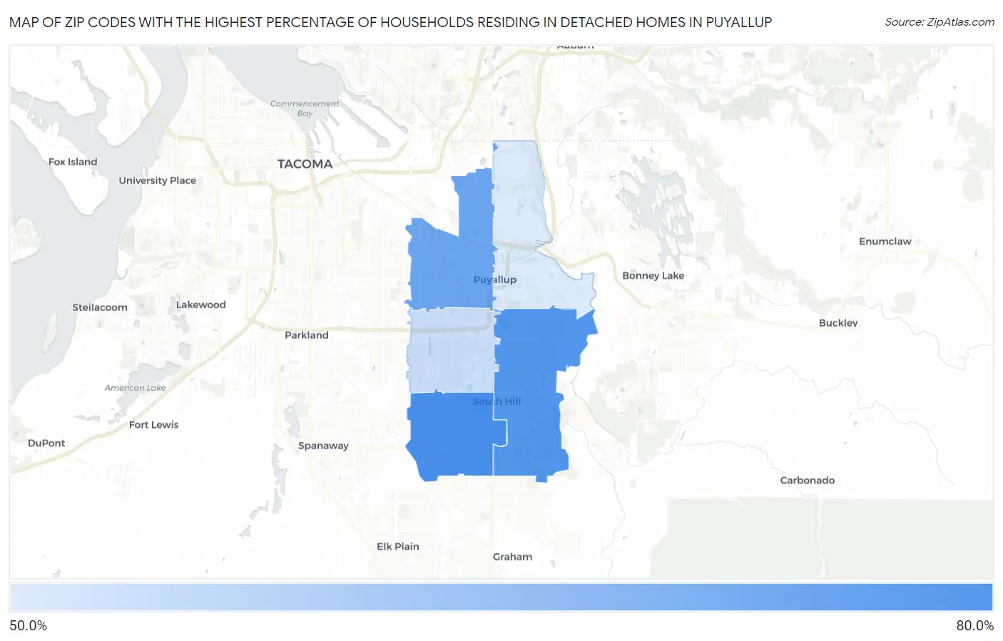 Zip Codes with the Highest Percentage of Households Residing in Detached Homes in Puyallup Map