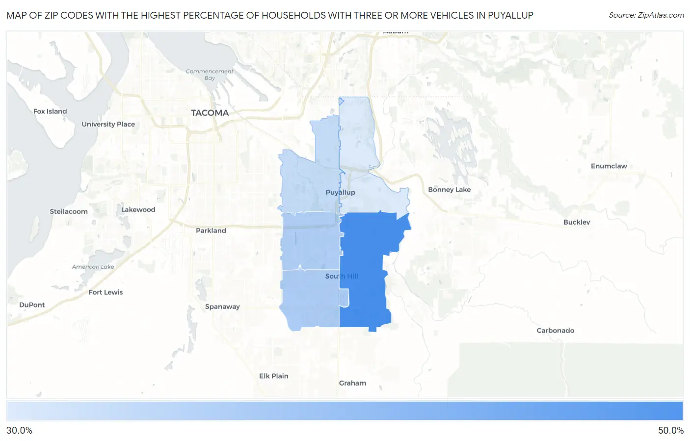 Zip Codes with the Highest Percentage of Households With Three or more Vehicles in Puyallup Map