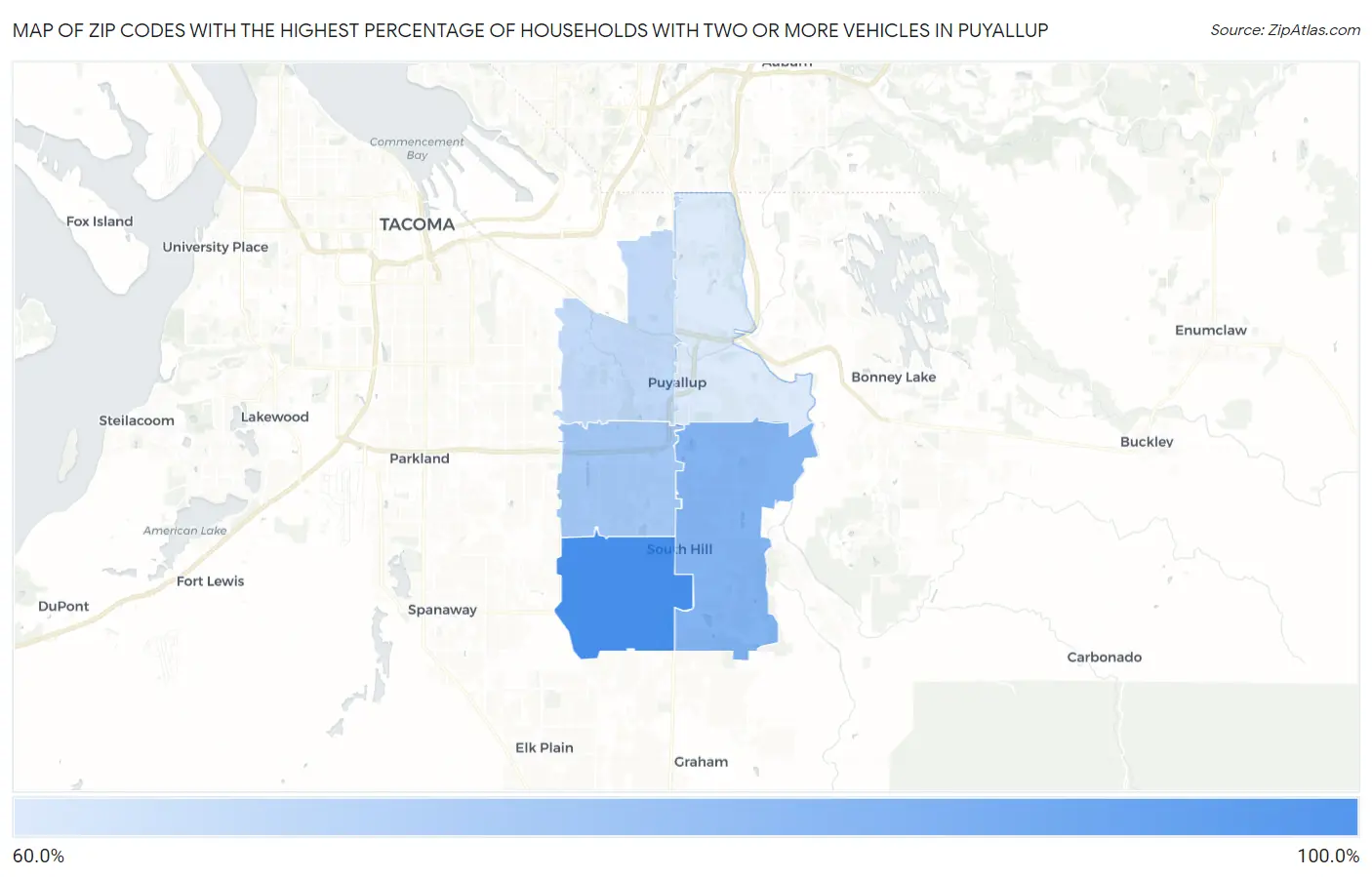 Zip Codes with the Highest Percentage of Households With Two or more Vehicles in Puyallup Map