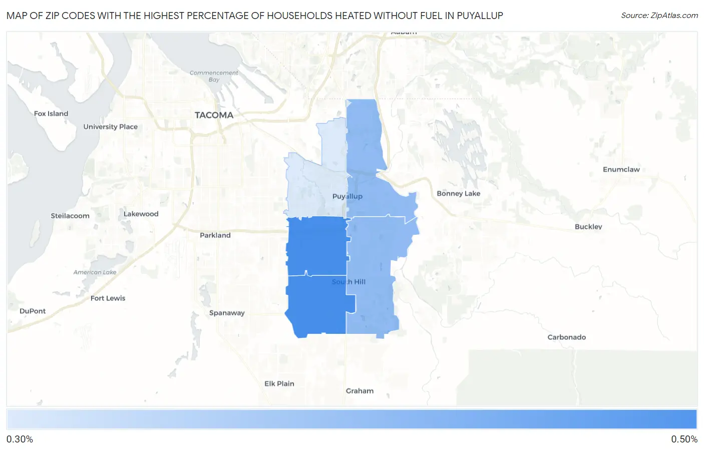 Zip Codes with the Highest Percentage of Households Heated without Fuel in Puyallup Map