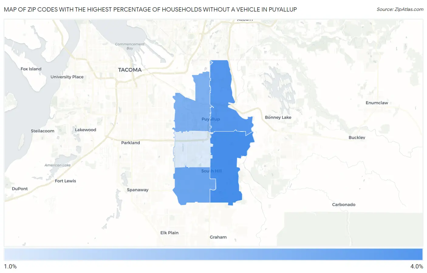 Zip Codes with the Highest Percentage of Households Without a Vehicle in Puyallup Map