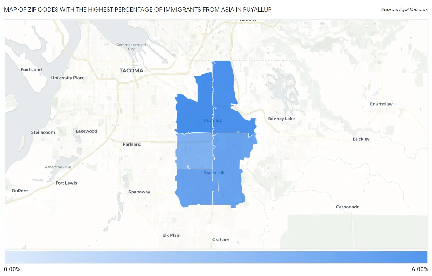 Zip Codes with the Highest Percentage of Immigrants from Asia in Puyallup Map