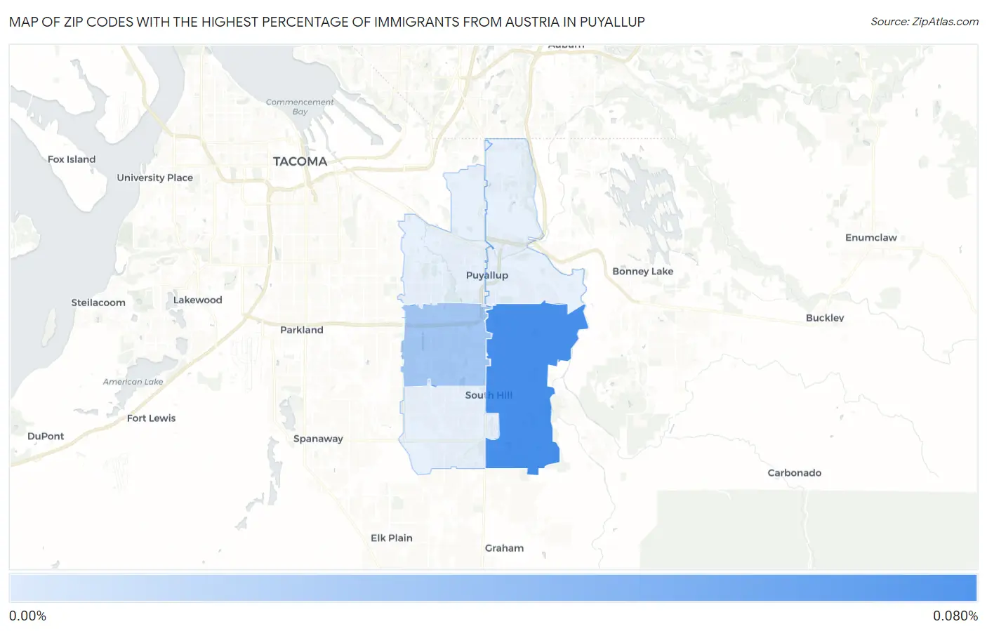 Zip Codes with the Highest Percentage of Immigrants from Austria in Puyallup Map