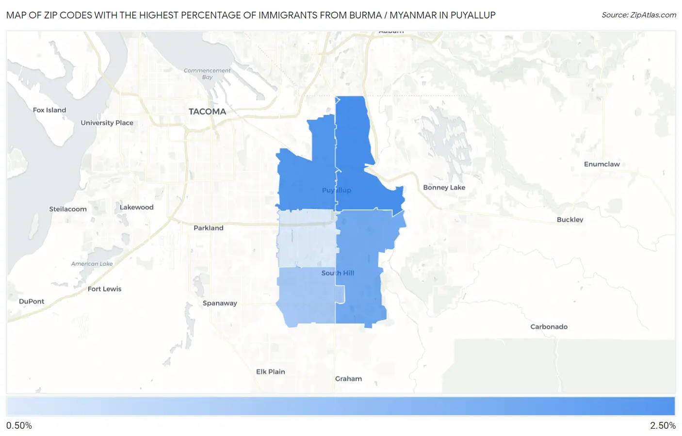 Zip Codes with the Highest Percentage of Immigrants from Burma / Myanmar in Puyallup Map