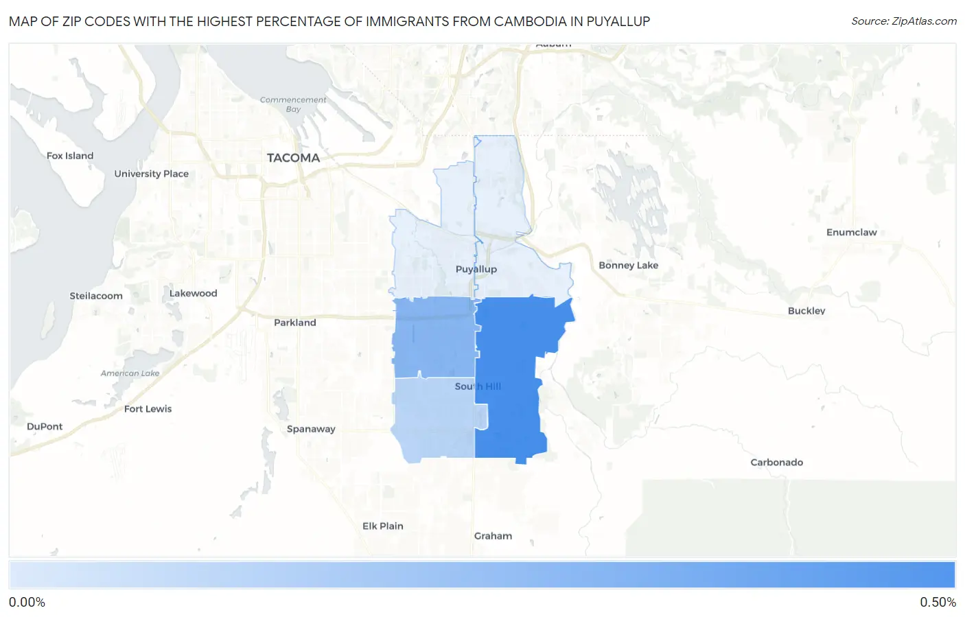 Zip Codes with the Highest Percentage of Immigrants from Cambodia in Puyallup Map