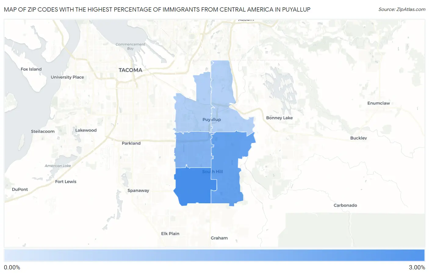 Zip Codes with the Highest Percentage of Immigrants from Central America in Puyallup Map