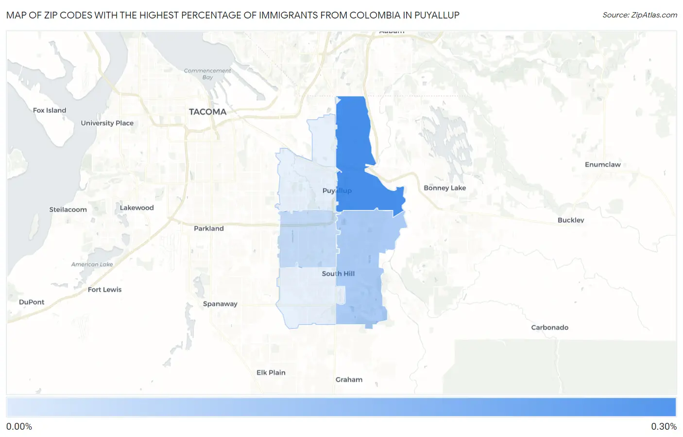 Zip Codes with the Highest Percentage of Immigrants from Colombia in Puyallup Map