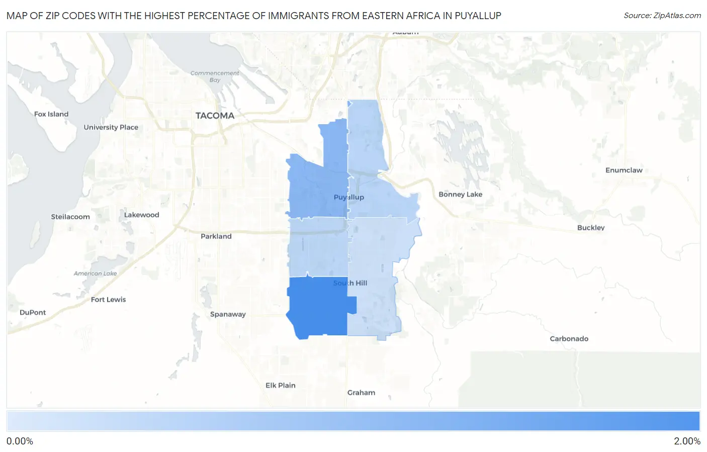 Zip Codes with the Highest Percentage of Immigrants from Eastern Africa in Puyallup Map