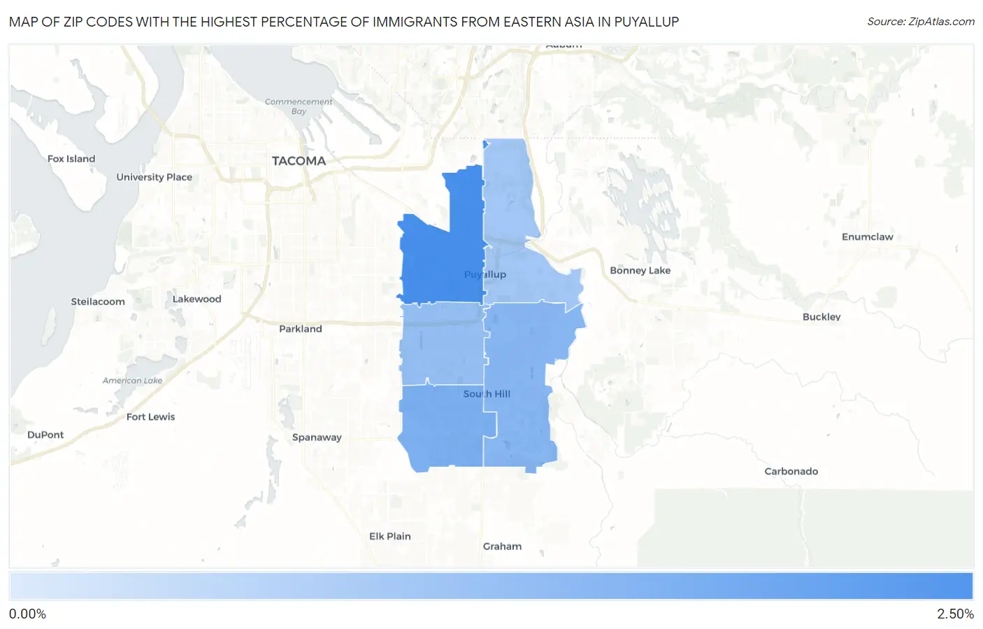 Zip Codes with the Highest Percentage of Immigrants from Eastern Asia in Puyallup Map