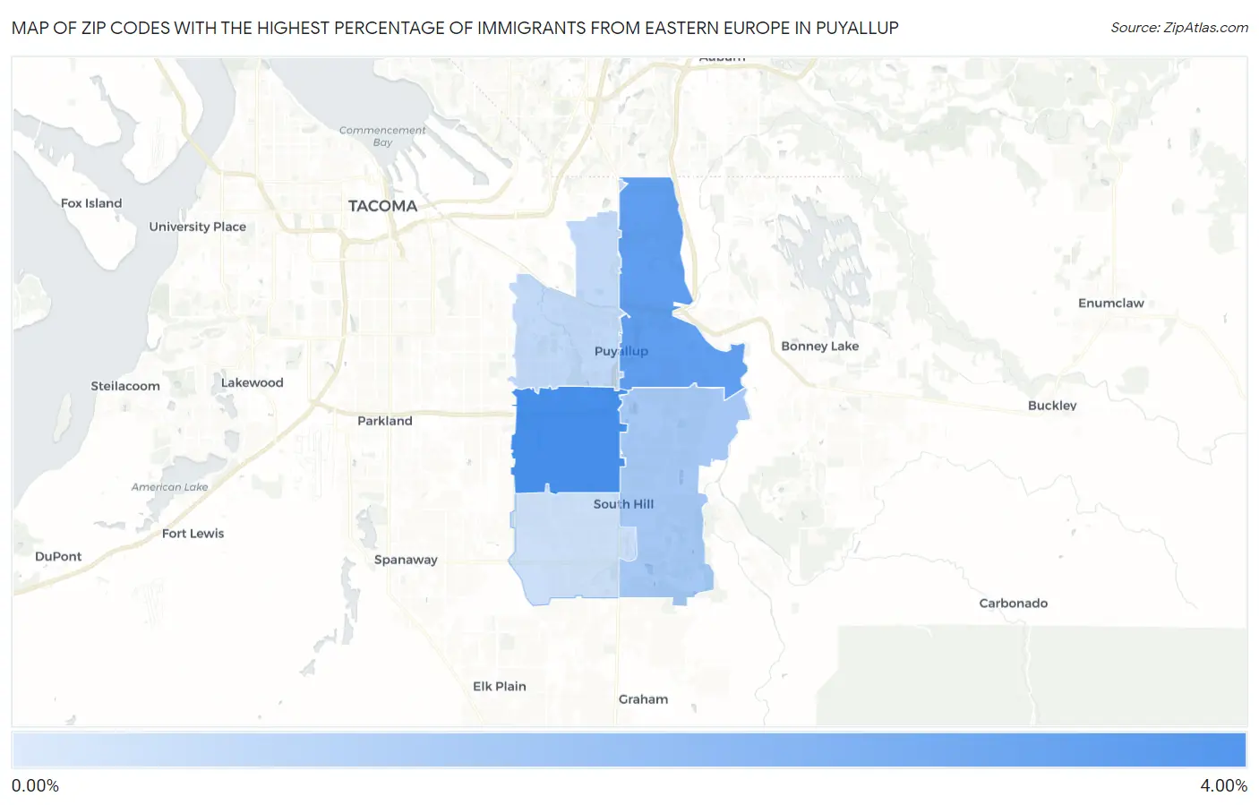 Zip Codes with the Highest Percentage of Immigrants from Eastern Europe in Puyallup Map