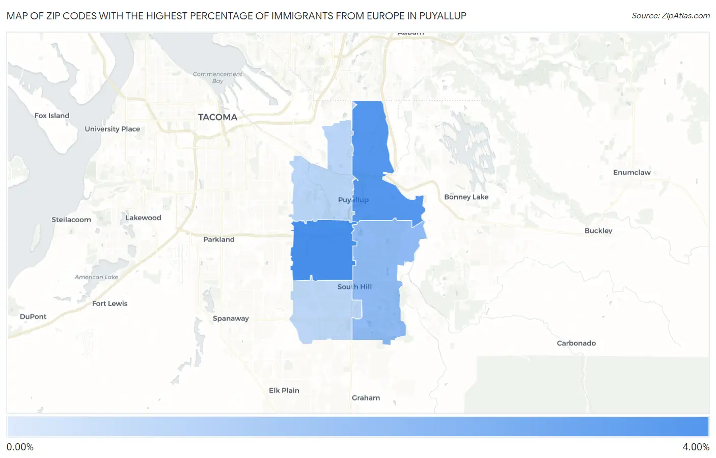 Zip Codes with the Highest Percentage of Immigrants from Europe in Puyallup Map