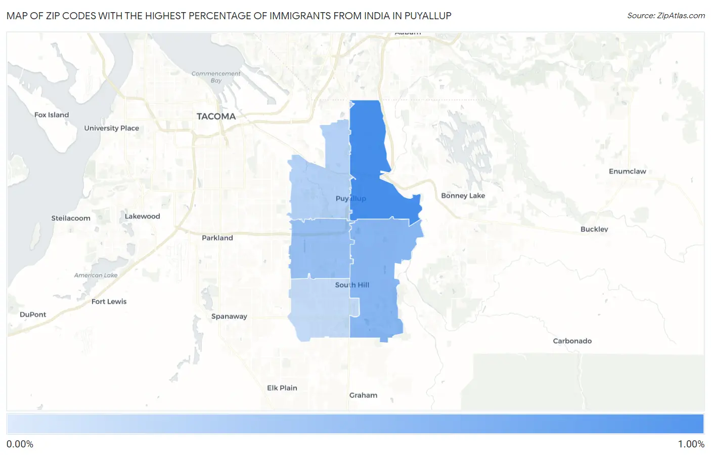 Zip Codes with the Highest Percentage of Immigrants from India in Puyallup Map