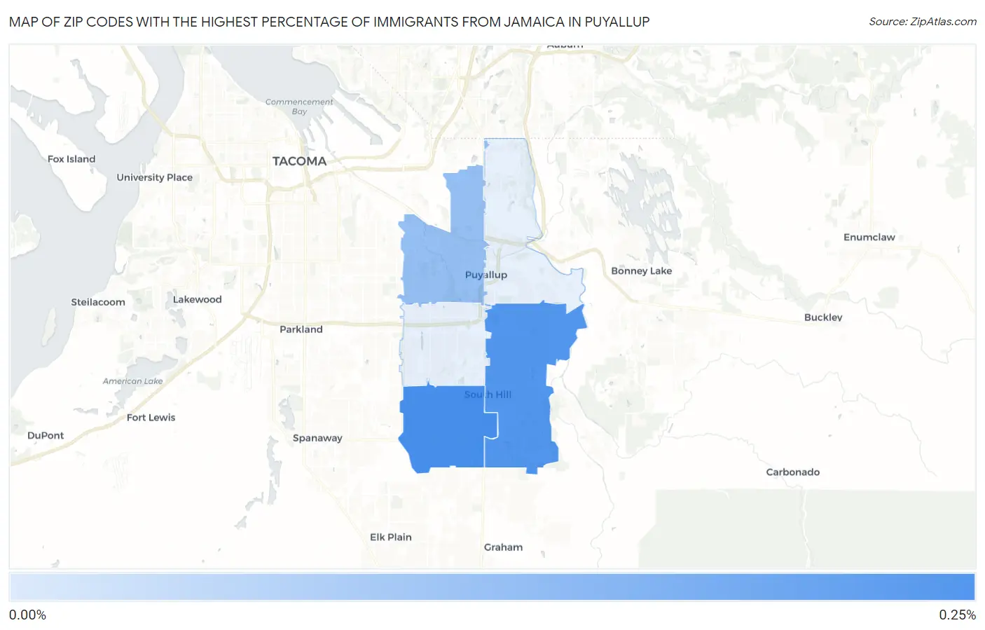 Zip Codes with the Highest Percentage of Immigrants from Jamaica in Puyallup Map