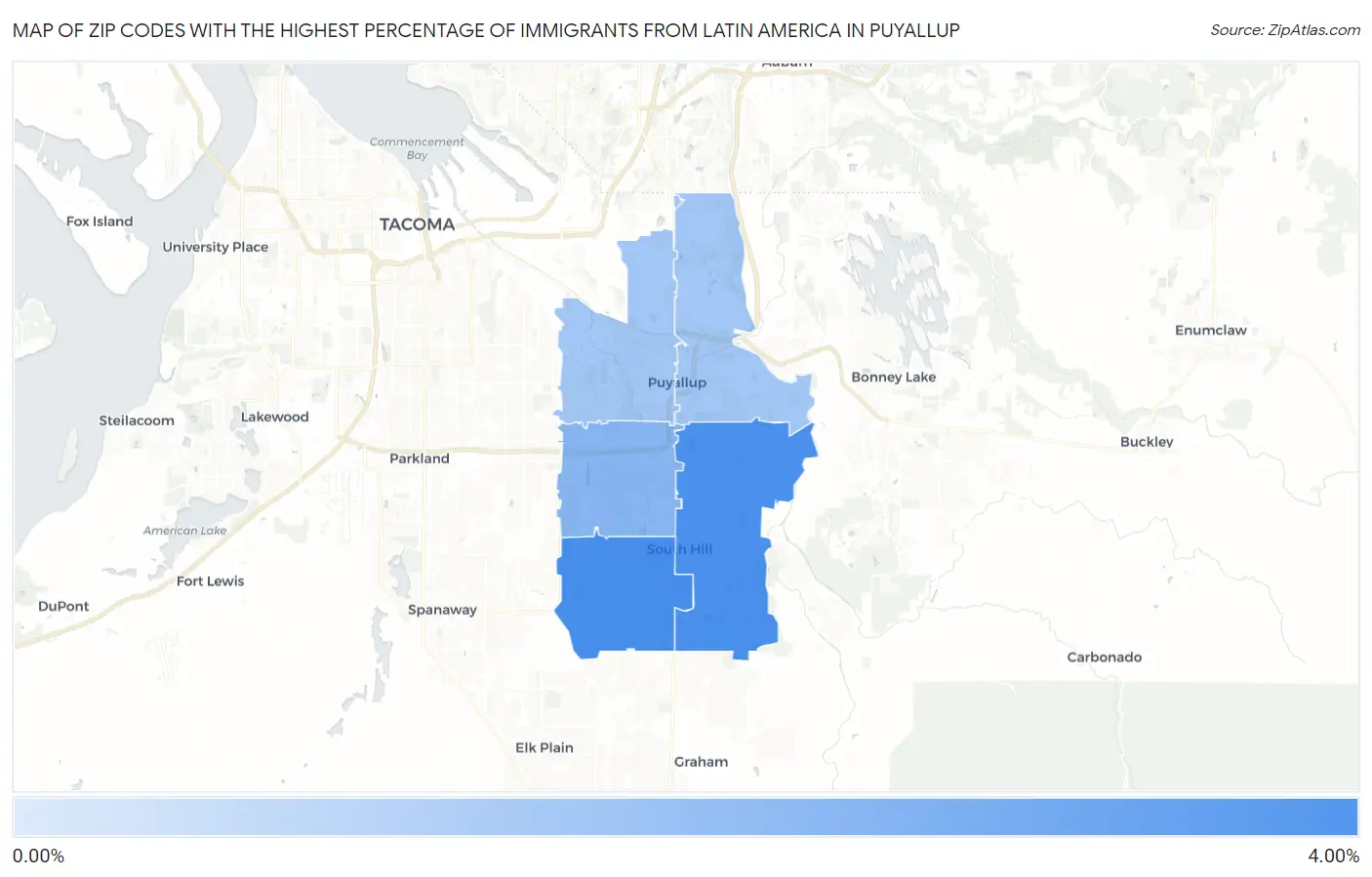 Zip Codes with the Highest Percentage of Immigrants from Latin America in Puyallup Map