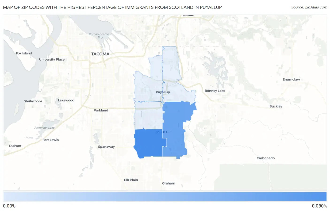 Zip Codes with the Highest Percentage of Immigrants from Scotland in Puyallup Map