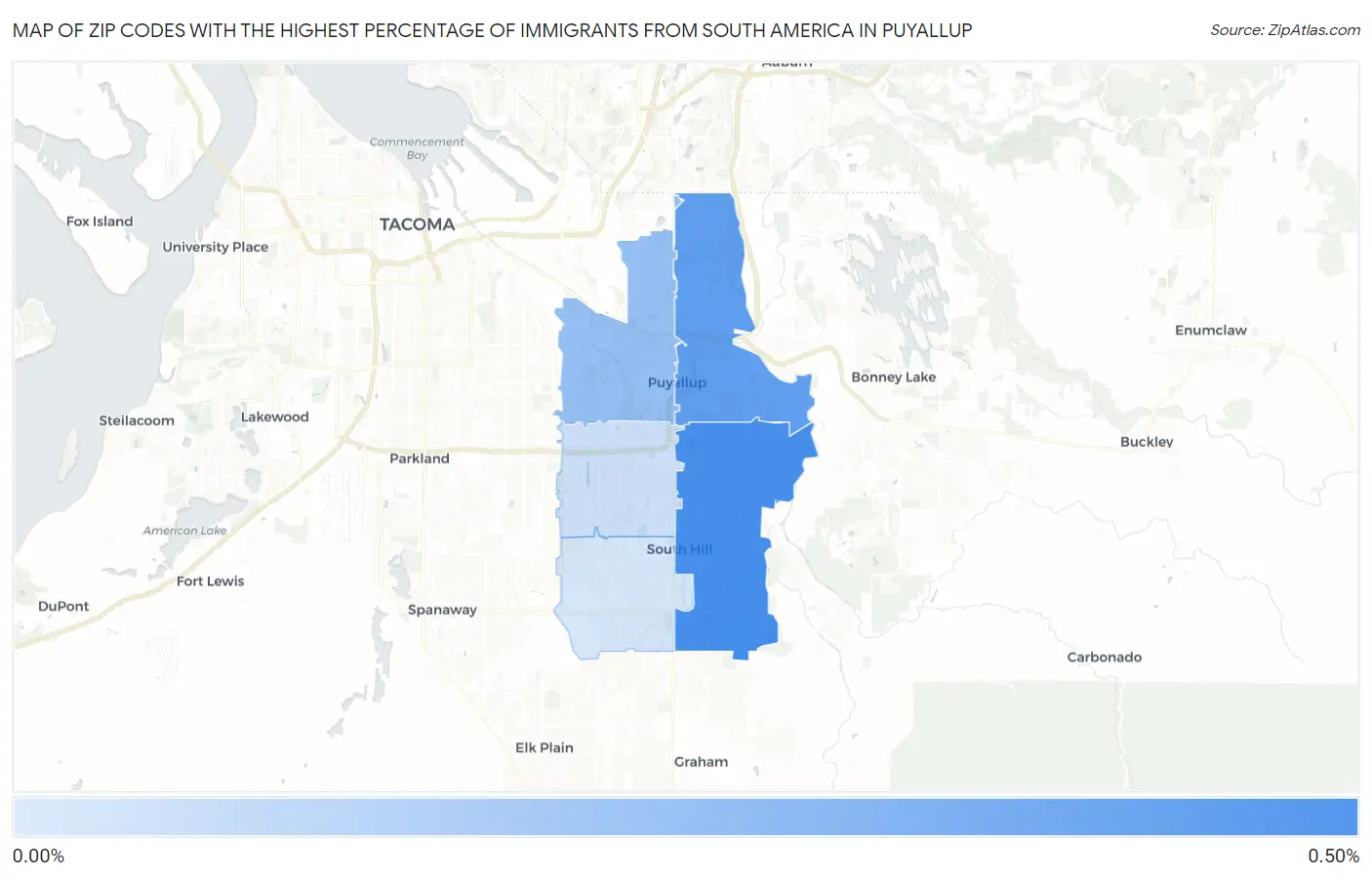 Zip Codes with the Highest Percentage of Immigrants from South America in Puyallup Map