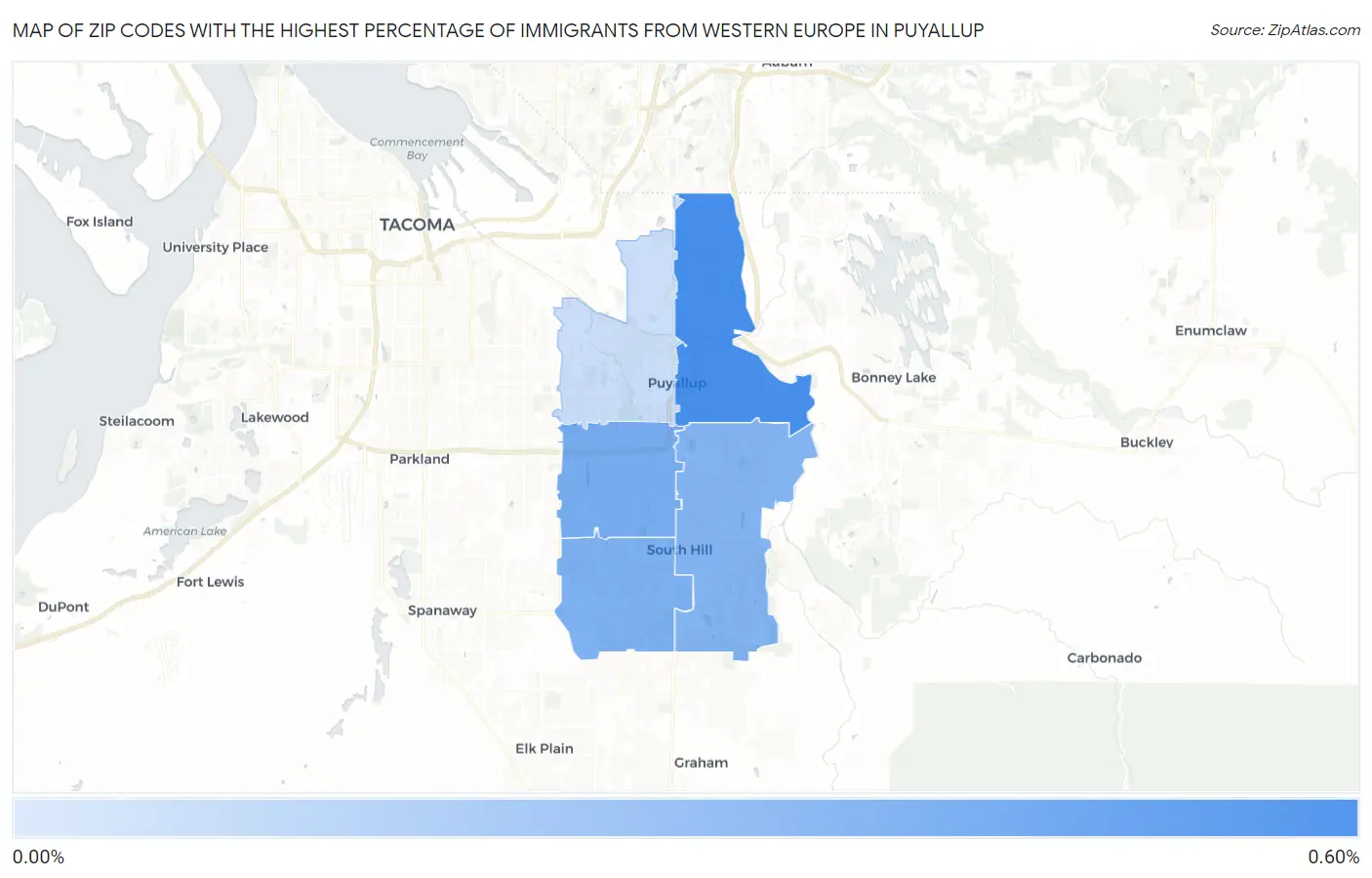 Zip Codes with the Highest Percentage of Immigrants from Western Europe in Puyallup Map
