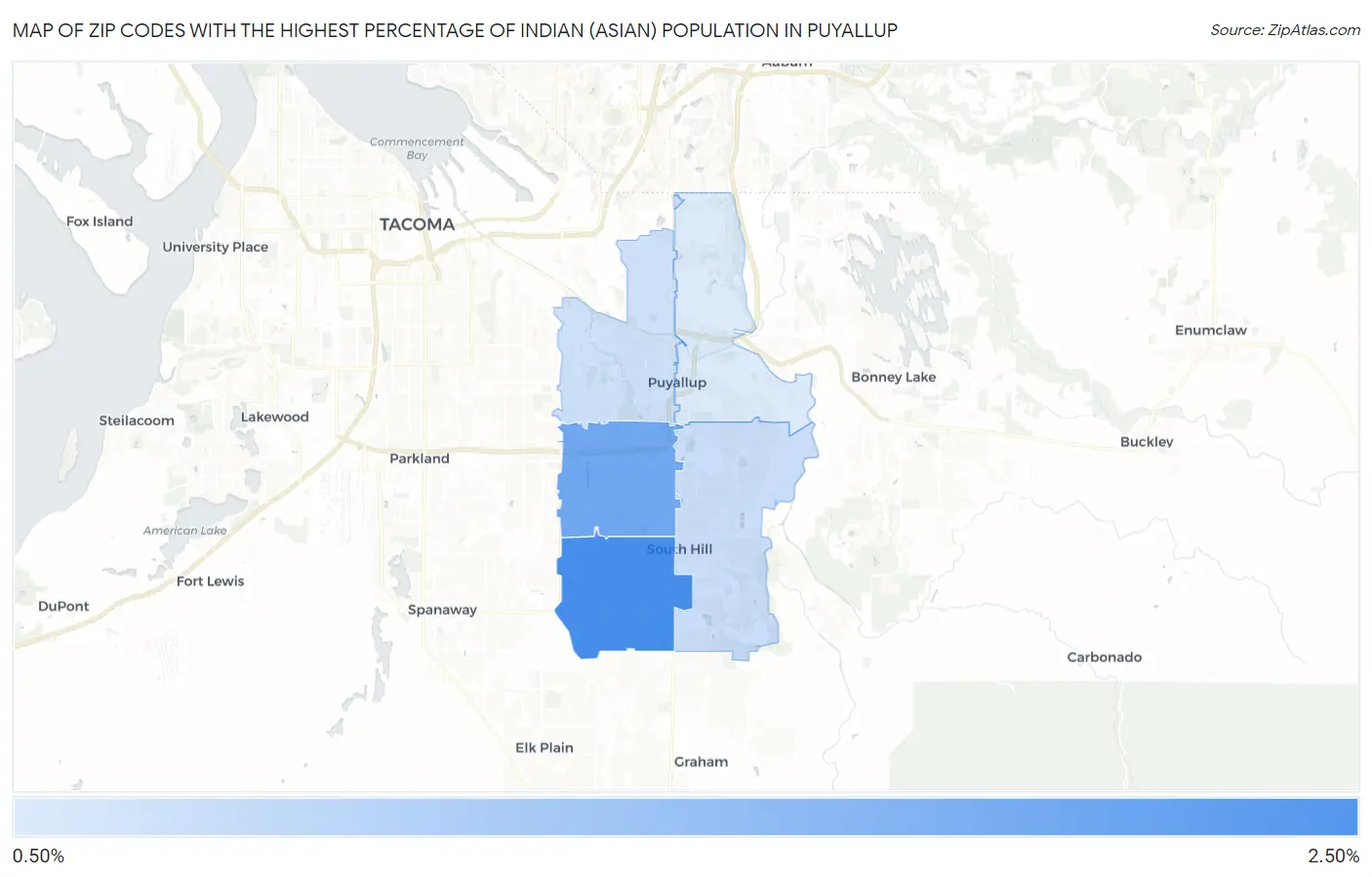 Zip Codes with the Highest Percentage of Indian (Asian) Population in Puyallup Map