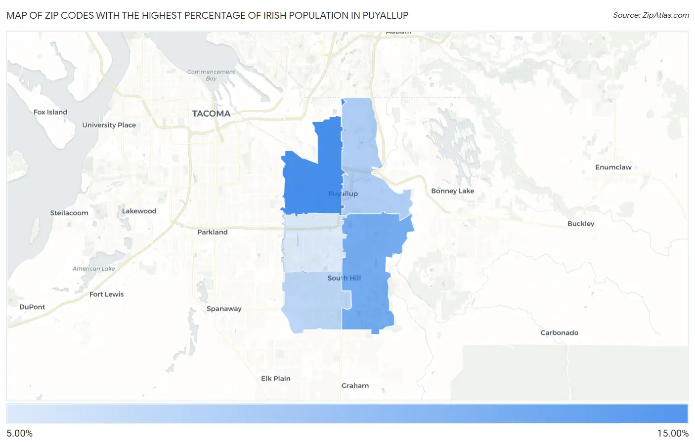 Zip Codes with the Highest Percentage of Irish Population in Puyallup Map