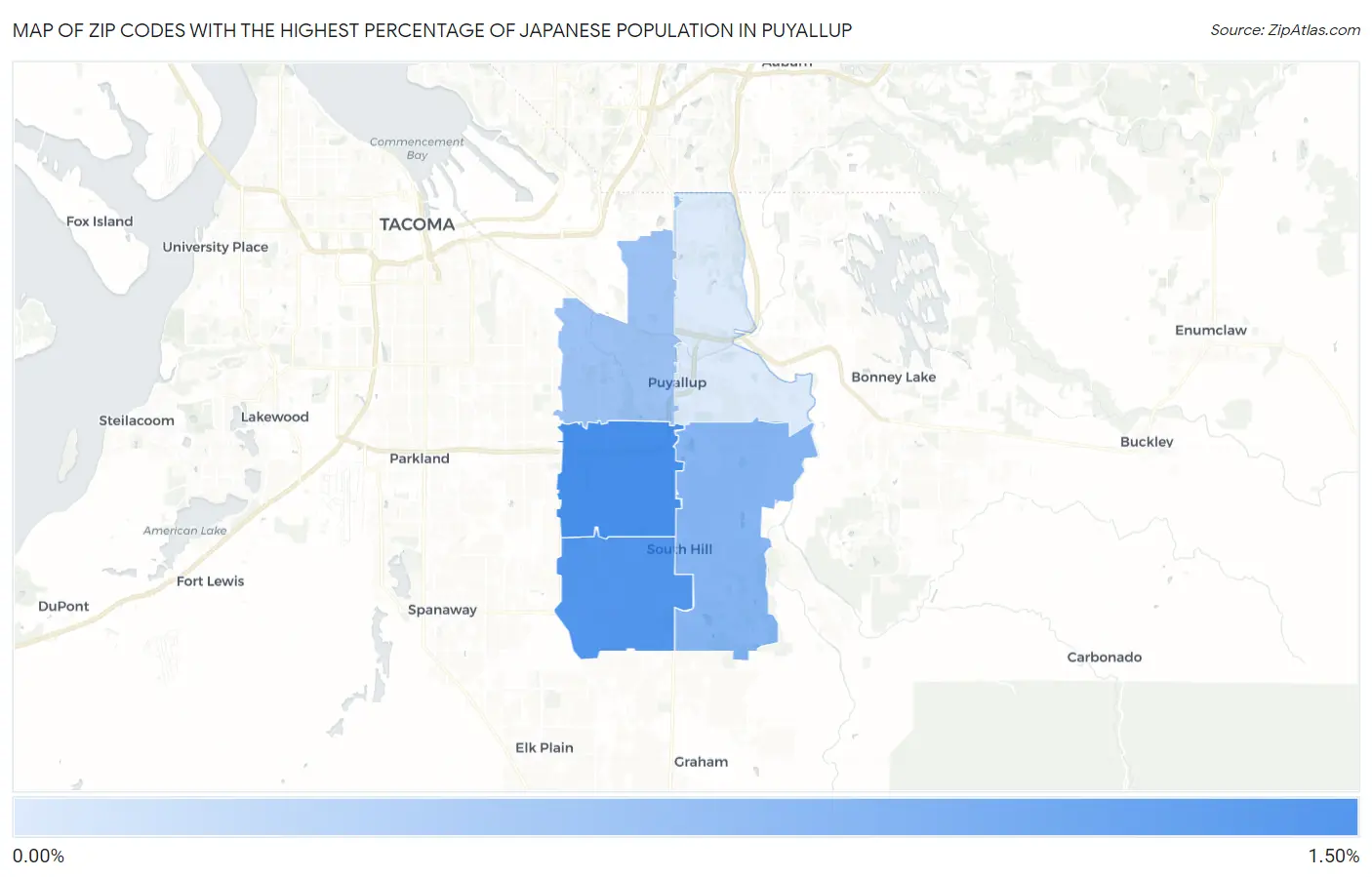 Zip Codes with the Highest Percentage of Japanese Population in Puyallup Map