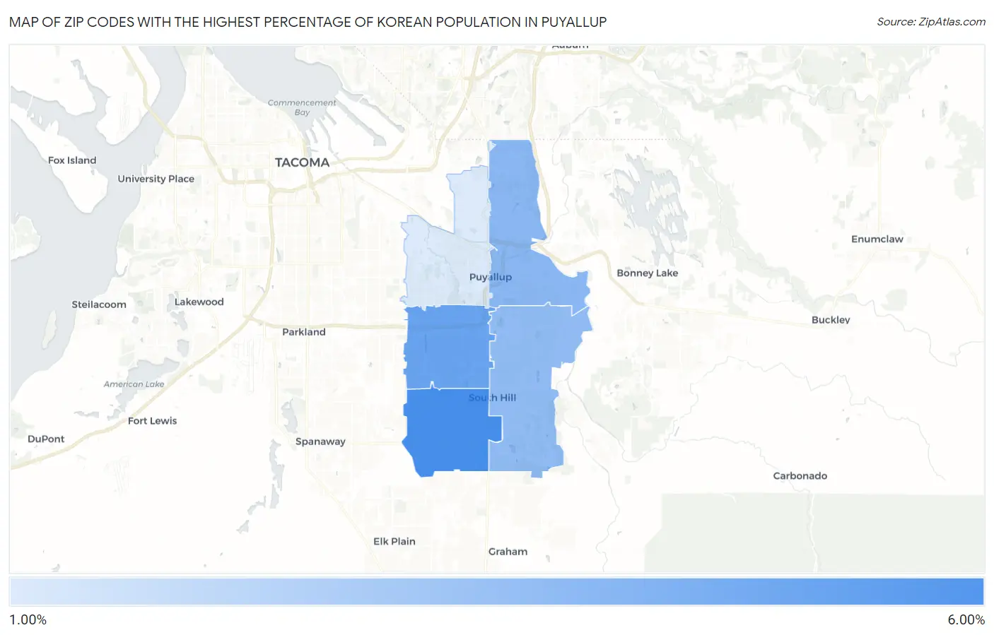 Zip Codes with the Highest Percentage of Korean Population in Puyallup Map