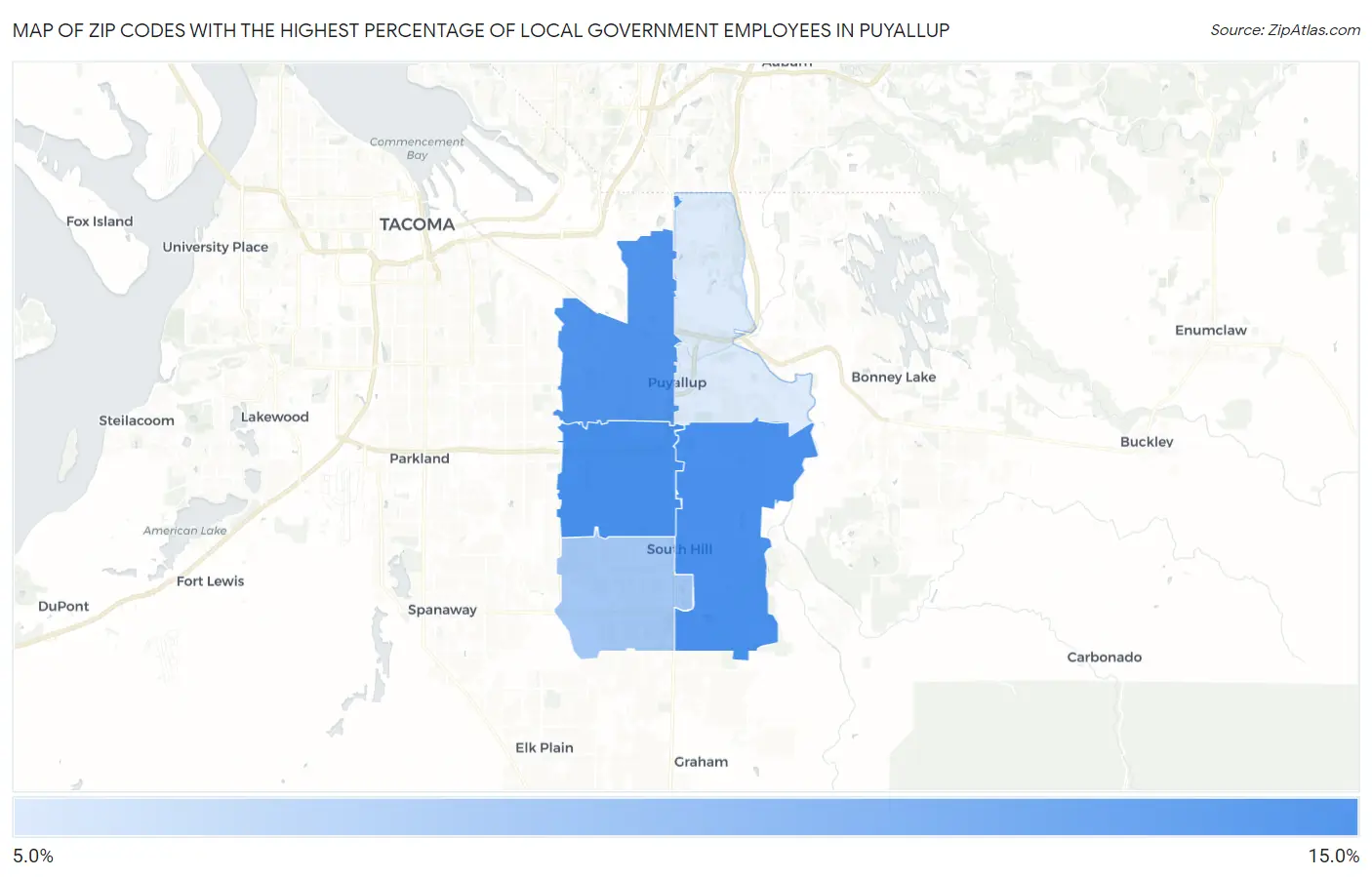 Zip Codes with the Highest Percentage of Local Government Employees in Puyallup Map