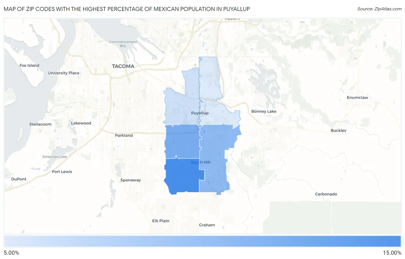 Zip Codes with the Highest Percentage of Mexican Population in Puyallup Map