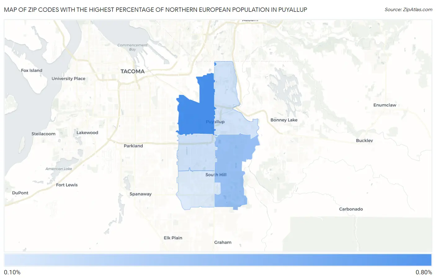 Zip Codes with the Highest Percentage of Northern European Population in Puyallup Map